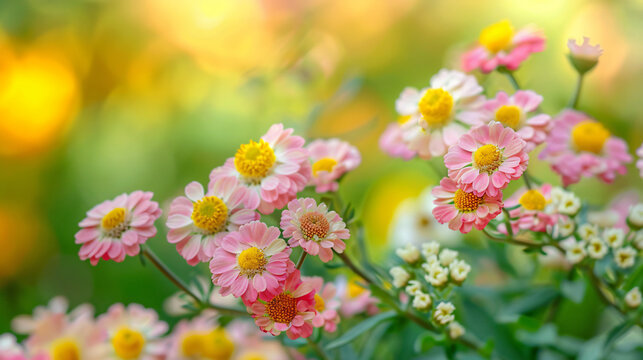 Yarrow flowers with yellow centers and pink edges.
