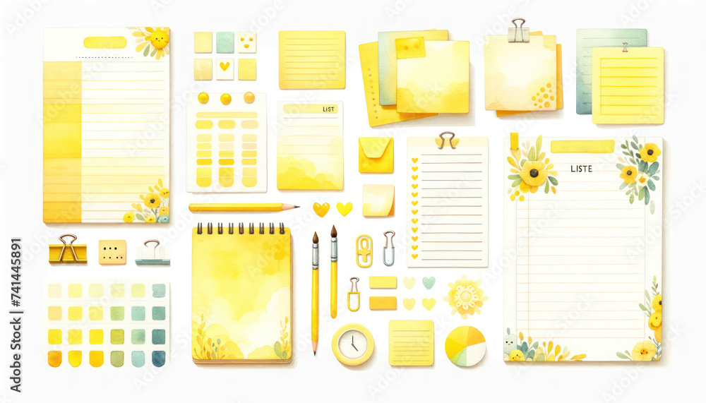 Poster watercolor set featuring a variety of list sheets, digital cute sticky notes, and memo pads as desig