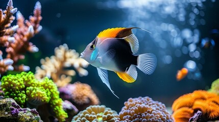 Fototapeta premium Colorful moorish idol fish swimming among vibrant corals in saltwater aquarium environment