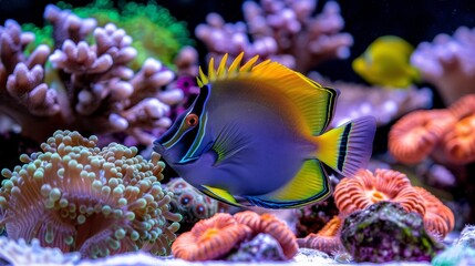 Naklejka na ściany i meble Colorful moorish idol fish swimming among vibrant corals in a saltwater aquarium environment