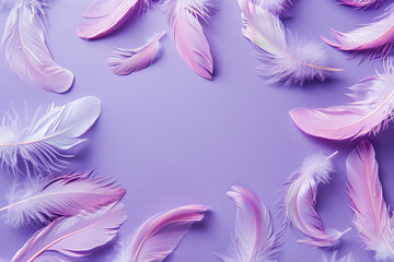 Fototapeta na wymiar Graceful feathers dance on royal purple, a captivating blend of elegance. Ideal for design with ample copy space, conveying sophistication and creativity.