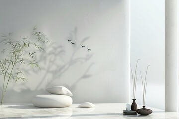A modern, minimalist zen interior space with soft natural light casting shadows of bamboo and birds in flight, creating a tranquil atmosphere.