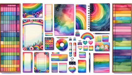 watercolor set, focusing on rainbow colors. This set features a variety of list sheets, cute sticky notes, and memo  pads as design elements - obrazy, fototapety, plakaty