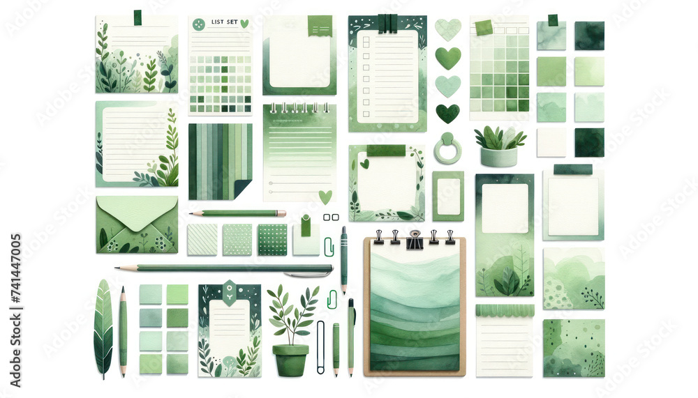 Poster watercolor set featuring a variety of list sheets green color , digital cute sticky notes, and memo 