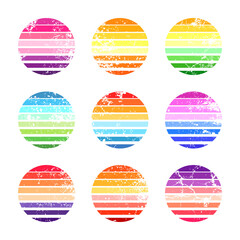 Grunge vintage sunset collection. Colorful striped sunrise badges in 80s and 90s style. Sun and ocean view, summer vibes, surfing. Design element for print, logo or t-shirt. Vector illustration