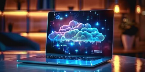 Technology and imagination captures essence of modern data storage solutions whimsical powerful cloud hovers above laptop symbolizing limitless potential of cloud computing