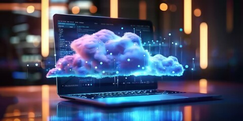 Technology and imagination captures essence of modern data storage solutions whimsical powerful cloud hovers above laptop symbolizing limitless potential of cloud computing