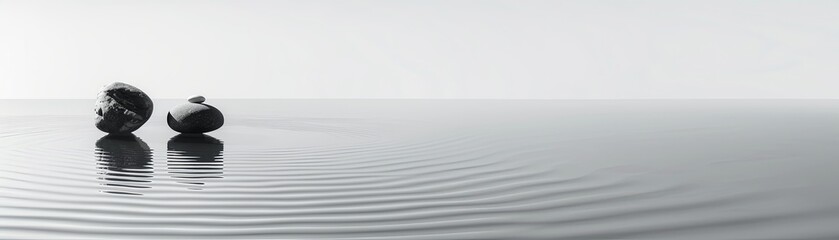 A minimalist composition of smooth zen stones creating a path across calm reflective waters under a soft gradient sky.