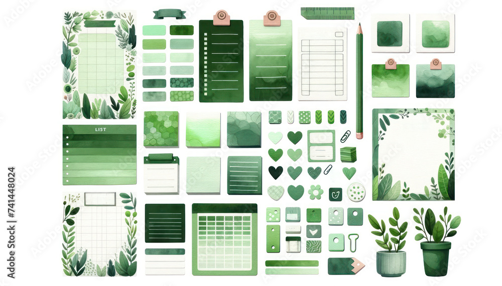 Poster watercolor set featuring a variety of list sheets green color , digital cute sticky notes, and memo 