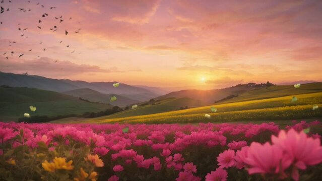 "View of pink flowers, and in the distance, there are orange-colored flowers in a spacious flower garden with fluttering butterflies, bathed in the beautiful light seamless time-lapse