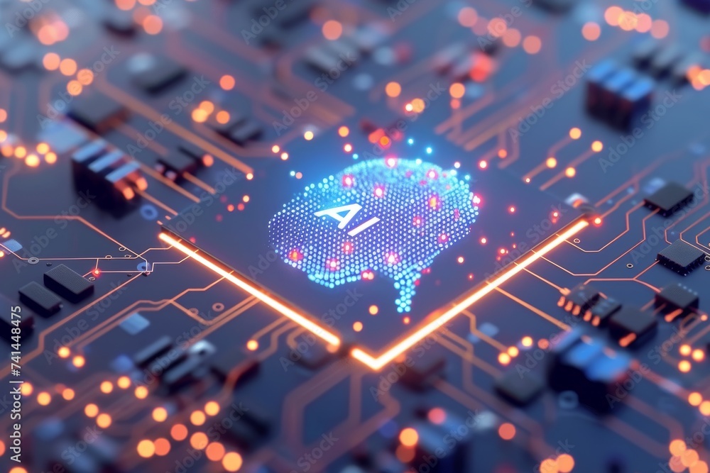 Poster ai brain chip neural computing advancement. artificial intelligence brain training mind network flow