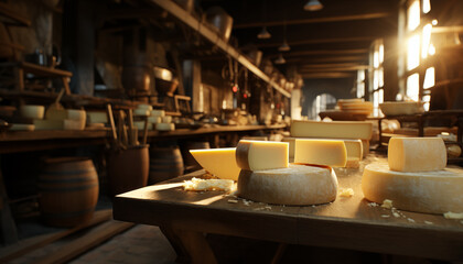 production of natural cheese in a cheese factory. cheese on the factory shelves.
