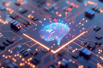 AI Brain Chip neural computing advancement. Artificial Intelligence brain training mind network flow axon. Semiconductor ai disruption circuit board membrane potentials - obrazy, fototapety, plakaty