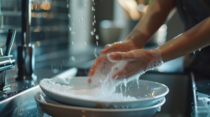 Close up of woman is washing plate in the modern kitchen.