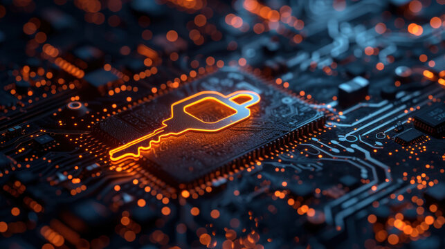 A conceptual image showcasing a glowing golden key integrated into a complex circuit board, representing cybersecurity, encryption, and access in the digital age