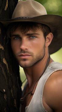 Portrait of handsome cowboy with blue eyes and beard, wearing hat looking at camera 