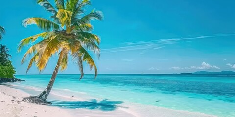 Fototapeta na wymiar Tropical paradise idyllic beach scene invites viewer into world of serene beauty and unspoiled nature golden sands stretch endlessly along coastline by gentle waves of crystal clear ocean