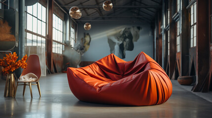 Isolated modern exclusive couch sofa with shiny orange color leather material in an old building...