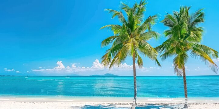 Tropical paradise idyllic beach scene invites viewer into world of serene beauty and unspoiled nature golden sands stretch endlessly along coastline by gentle waves of crystal clear ocean