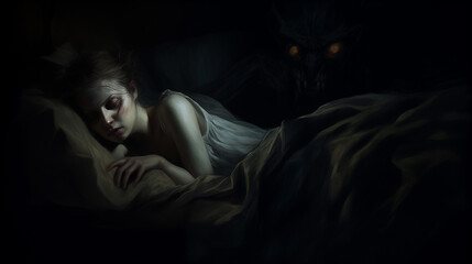 Woman sleeping in bed with incubus demon with glowing eyes behind her in dark room  - obrazy, fototapety, plakaty