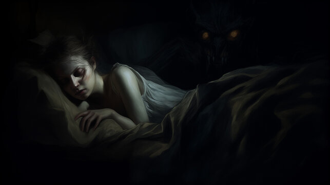 Woman sleeping in bed with incubus demon with glowing eyes behind her in dark room 