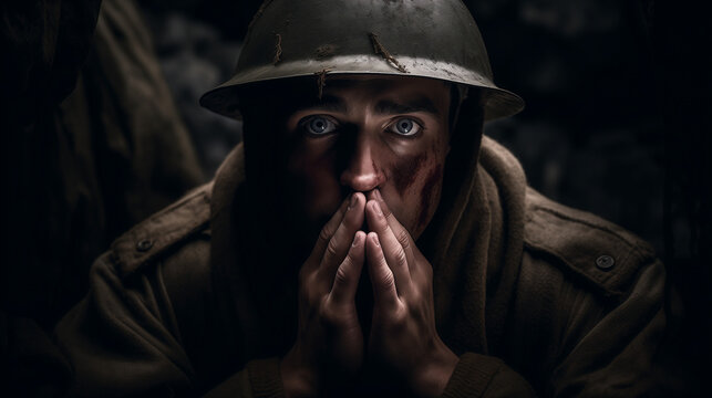 Portrait of World War 2 soldier in uniform and helmet looking at camera. 