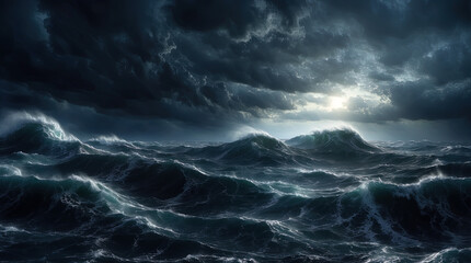 Fototapeta premium Stormy sea at night. Heavy sea. A strong storm with big waves in the ocean. Night thunderstorm. Generative AI.