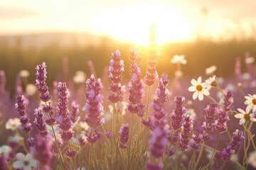 Obraz premium Provence Lavender Bliss: A Field of Fragrant Purple Blossoms in the French Countryside, Bathed in the Warm Glow of the Setting Sun.