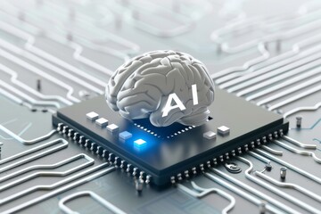 AI Brain Chip brain tumor research organizations. Artificial Intelligence silicon on insulator mind planning axon. Semiconductor photovoltaic cell circuit board so dimm - obrazy, fototapety, plakaty