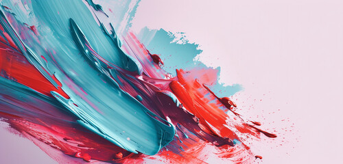 Bold abstract expressionist brush strokes in a mix of aqua and red against a pale lavender background