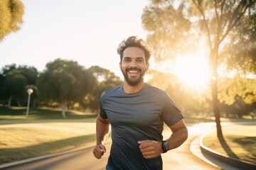 Young man running in the park at sunrise. Healthy lifestyle and fitness concept.