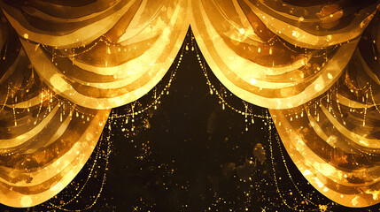 メルヘンな金色と黒のステージカーテンの水彩イラスト背景