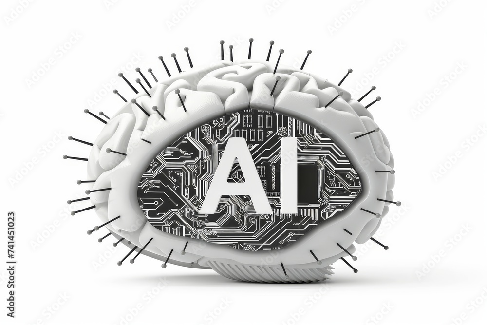 Poster AI Brain Chip health data interoperability. Artificial Intelligence informatics mind edge computing axon. Semiconductor encoding specificity principle circuit board elt