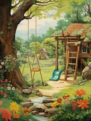 Obraz premium Nostalgic Childhood Memory Landscapes: Vintage Adventures in Nature Artwork