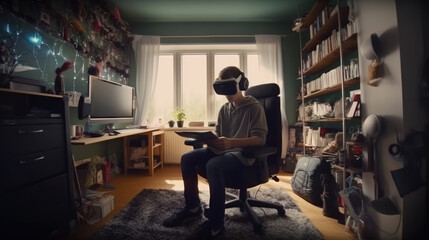 A teenager use google vr in his room - obrazy, fototapety, plakaty