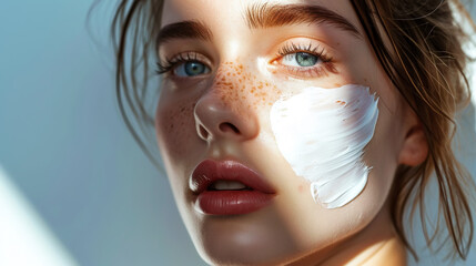 Close-up of young caucasian girl with aesthetic rough smear of face cream. Light background with sun rays. Generative AI
