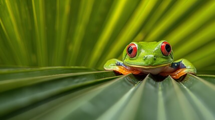Vibrant red eyed amazon tree frog perched on lush palm leaf in tropical rainforest habitat.