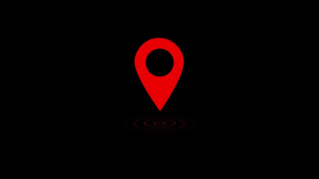 GPS location pointer animation with radio wave. location map pointer with pin icon and location animation. Looping animation of map location pin bouncing on black background.