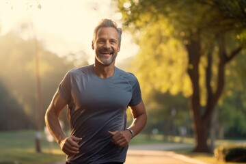 Portrait of a smiling senior man running in the park at sunset