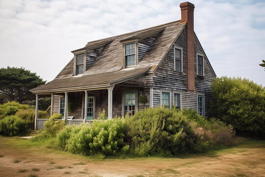 Small village wooden house. Traditional cottage house architecture in Cap Cod style.
