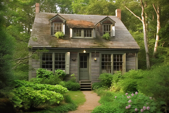 Small village wooden house. Traditional cottage house architecture in Cap Cod style.