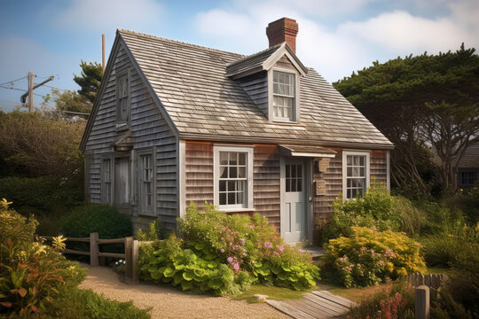Small village wooden house. Traditional cottage house architecture in Cap Cod style.