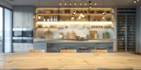 wood table top counter serve on blur personal chef bar restaurant shop background empty wooden tabletop and blurred kitchen mock up for product display. - obrazy, fototapety, plakaty
