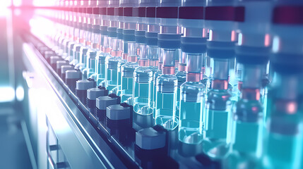 Fototapeta premium Medical vials on production line in pharmaceutical factory, pharmaceutical industry background