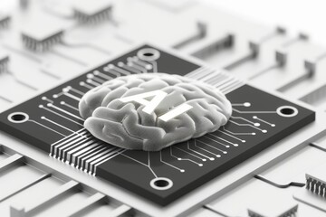 AI Brain Chip multiple data. Artificial Intelligence digital revolution human ml mind circuit board. Neuronal network yellow laser smart computer processor cybersecurity - obrazy, fototapety, plakaty
