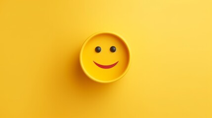 Person holding paper mask with yellow smiley face emoticon - obrazy, fototapety, plakaty