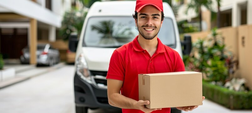 Courier in red cap delivering package near van truck, no filters, copy space for text.