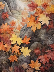 Naklejka na ściany i meble Richly Textured Autumn Leaves Paintings: Vintage Earth Tones Mountain Landscape Art Print