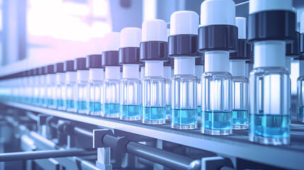 Obraz premium Medical vials on production line in pharmaceutical factory, pharmaceutical industry background