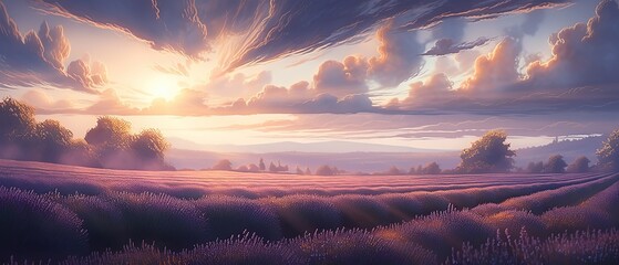 lavender field with sun shining through clouds and trees